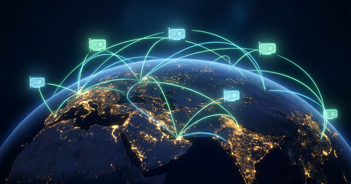 The Earth at night seen from space, its cities linked by arcs of light to graphics cards around the world