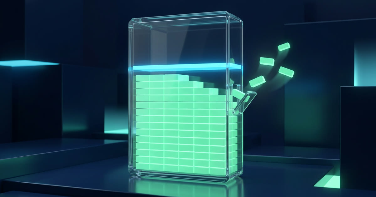 Un disque de verre rempli de blocs lumineux jusqu’à une ligne cyan, l’espace au-dessus laissé vide, quelques blocs qui sortent par une trappe ouverte