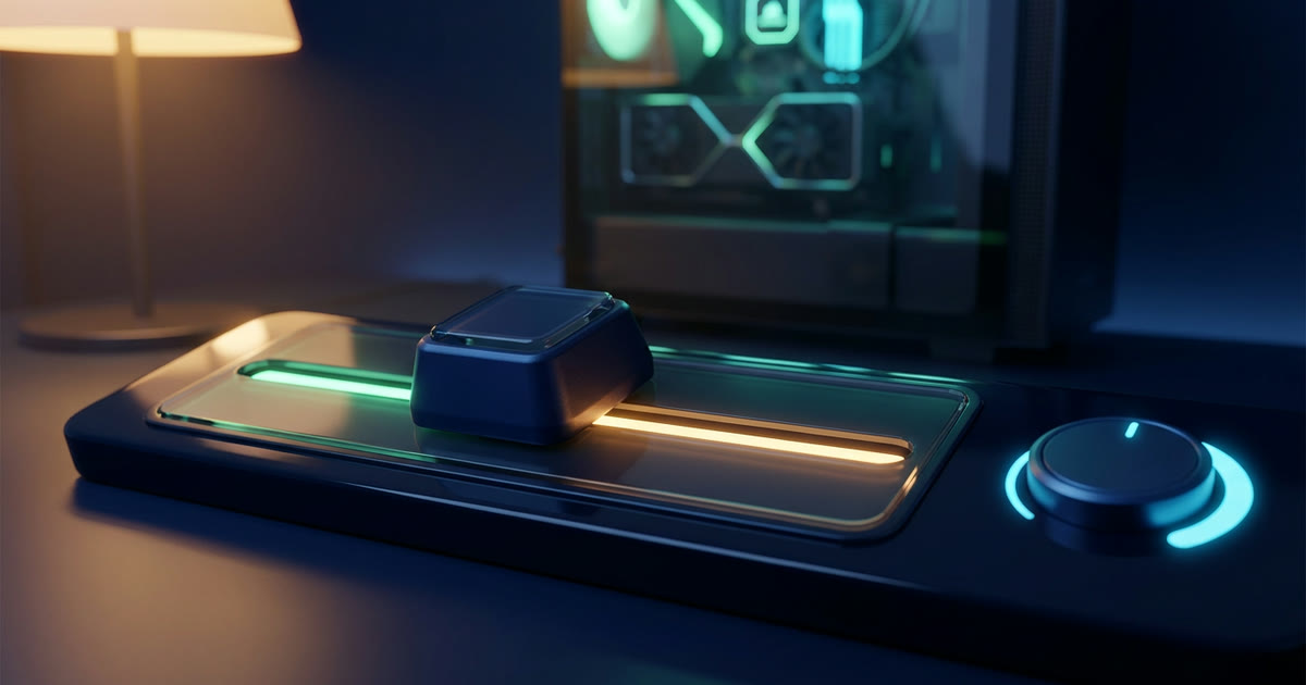 A glowing slider on a desk at night, its track split into a mint part and an amber part, a power dial beside it and a PC behind